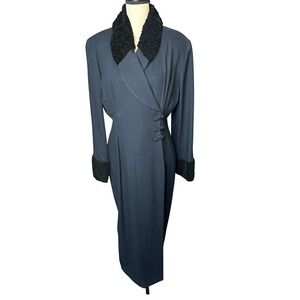 VTG Beau David Blue Wool Trench Coat Faux Collar Cuffs Frog Toggle Closure Sz 14